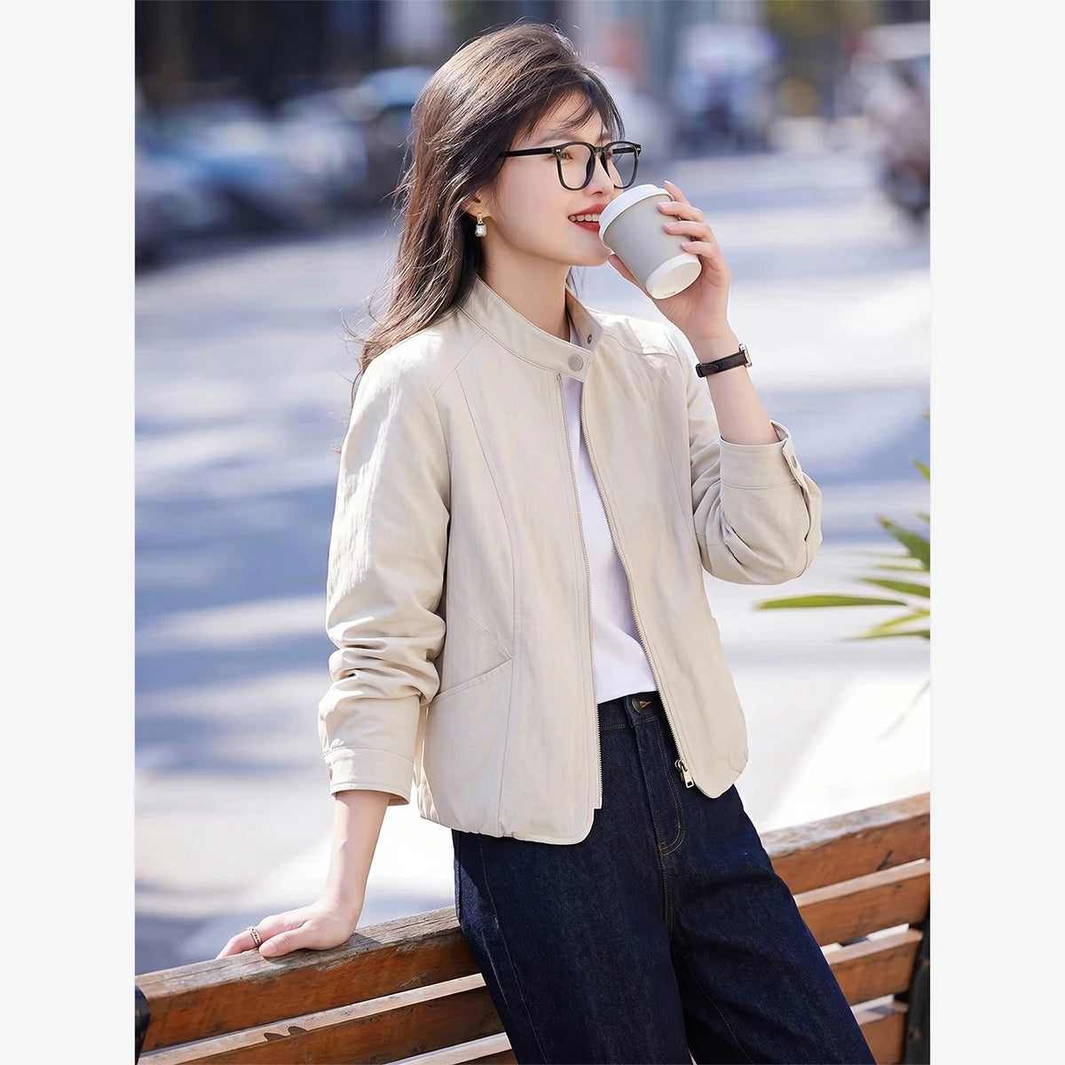 Zip-Front Cropped Collarless Jacket