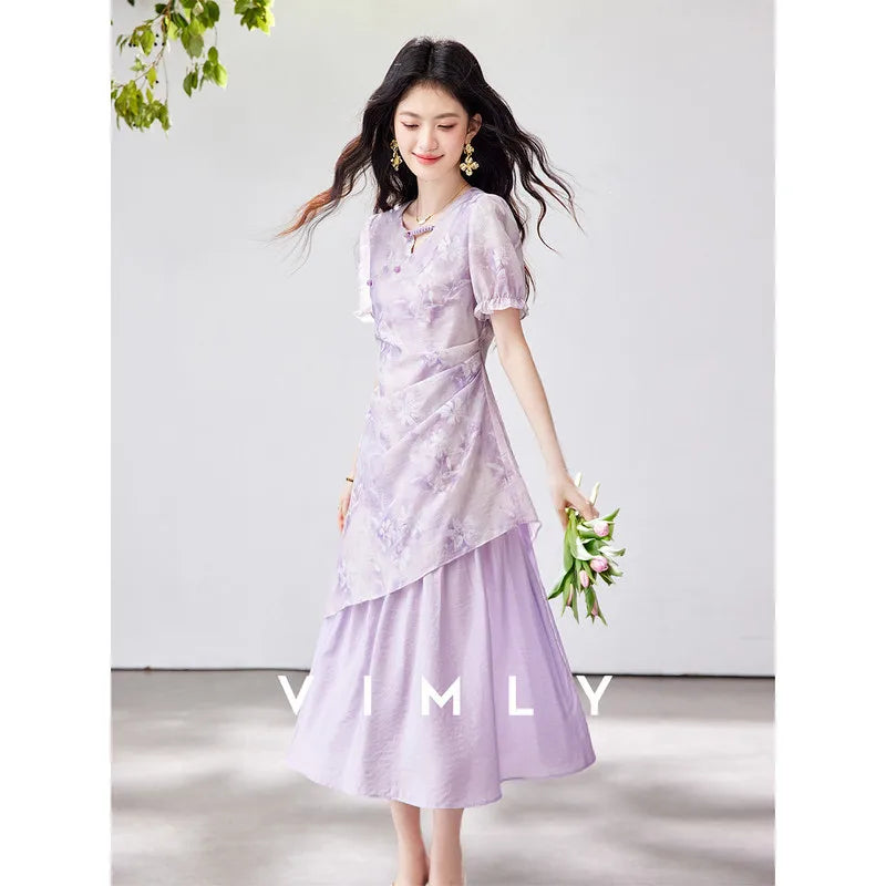 Asymmetric Floral Layered Midi Dress