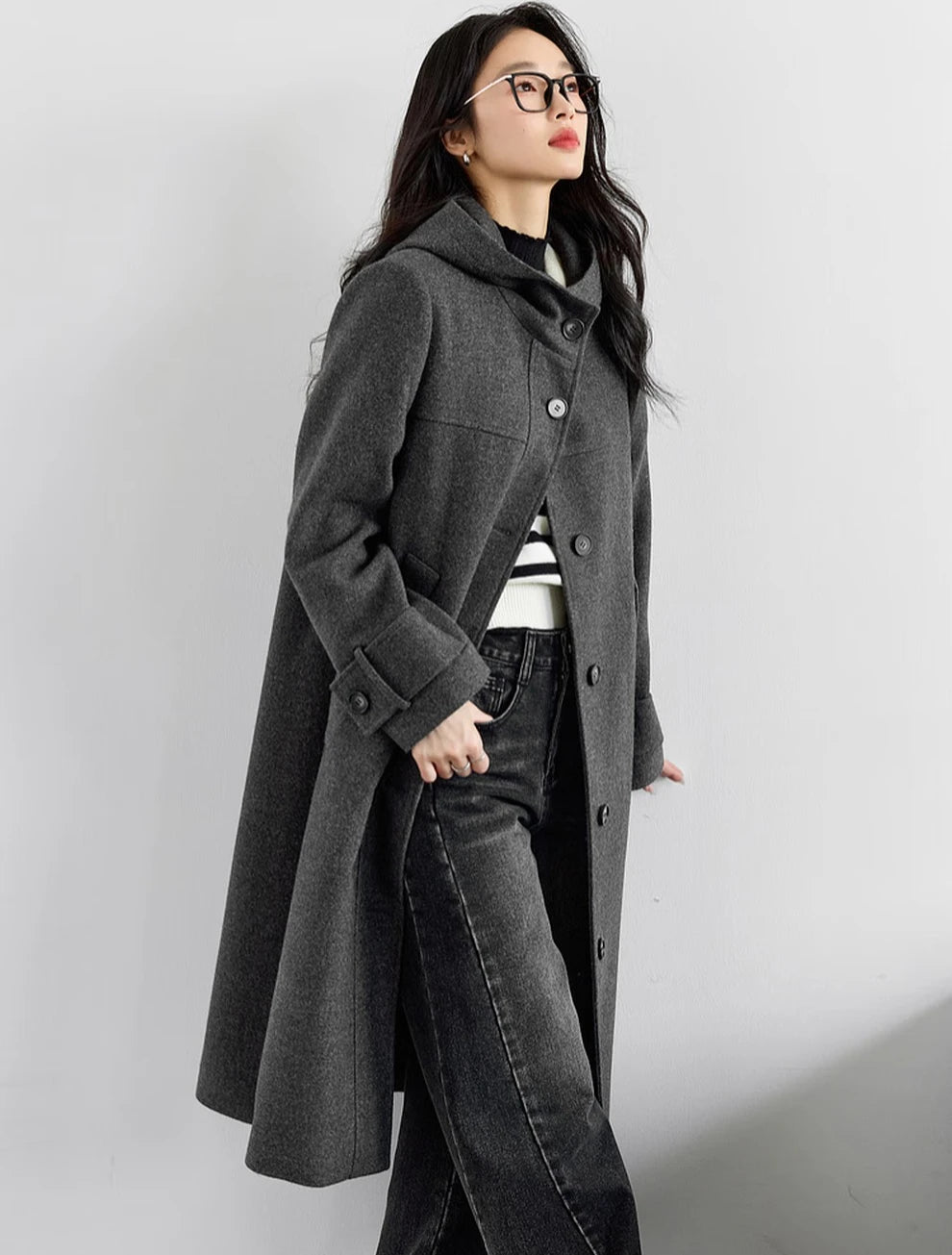 Hooded Button-Front Long Coat
