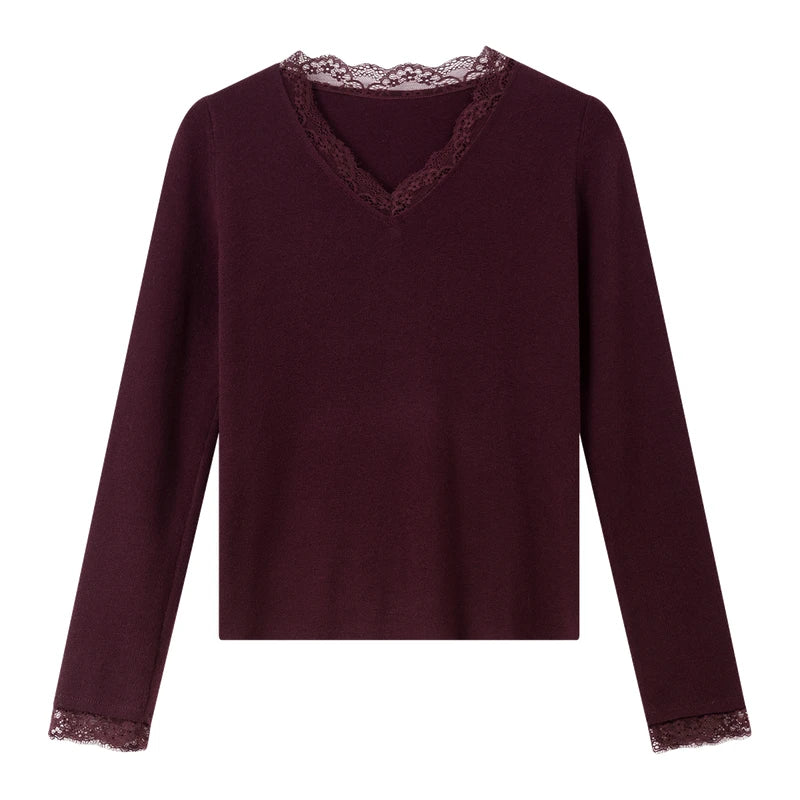 Lace-Trim V-Neck Knit Top