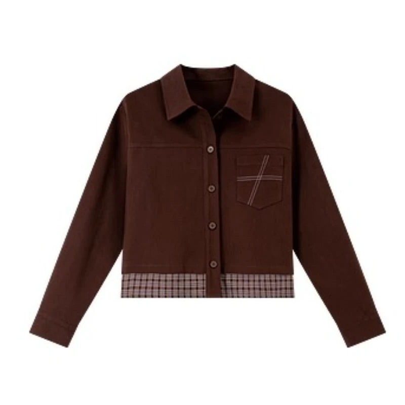 Plaid-Trim Cropped Shirt Jacket
