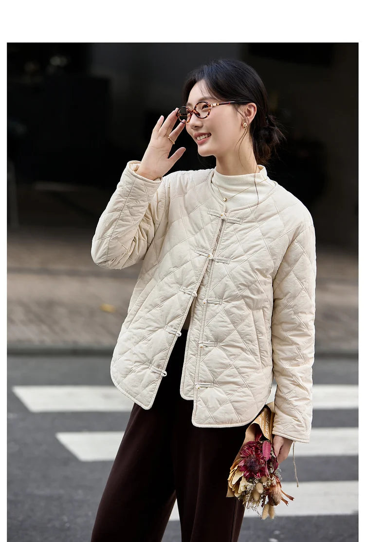 Frog-Button Quilted Curved-Hem Jacket