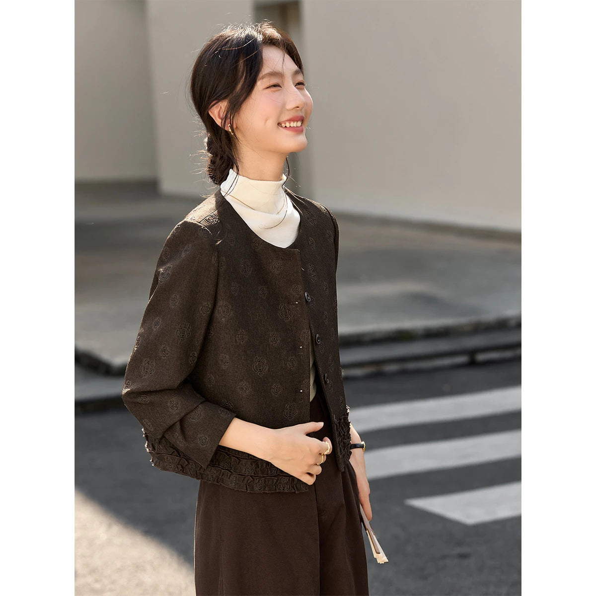 Jacquard Ruffle-Hem Cropped Jacket
