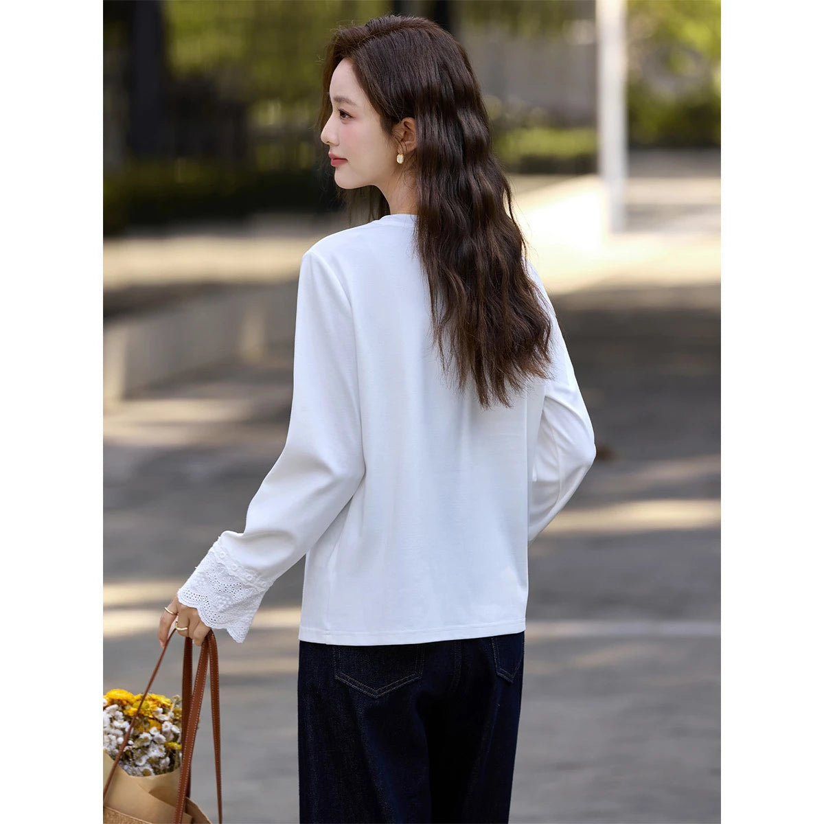 Lace-Cuff Crew-Neck Long-Sleeve Tee