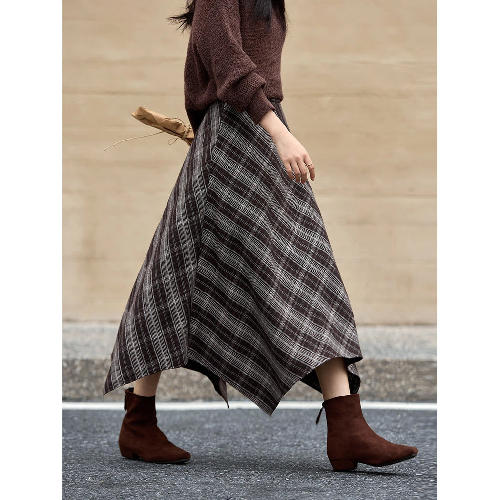 Handkerchief-Hem Plaid Midi Skirt