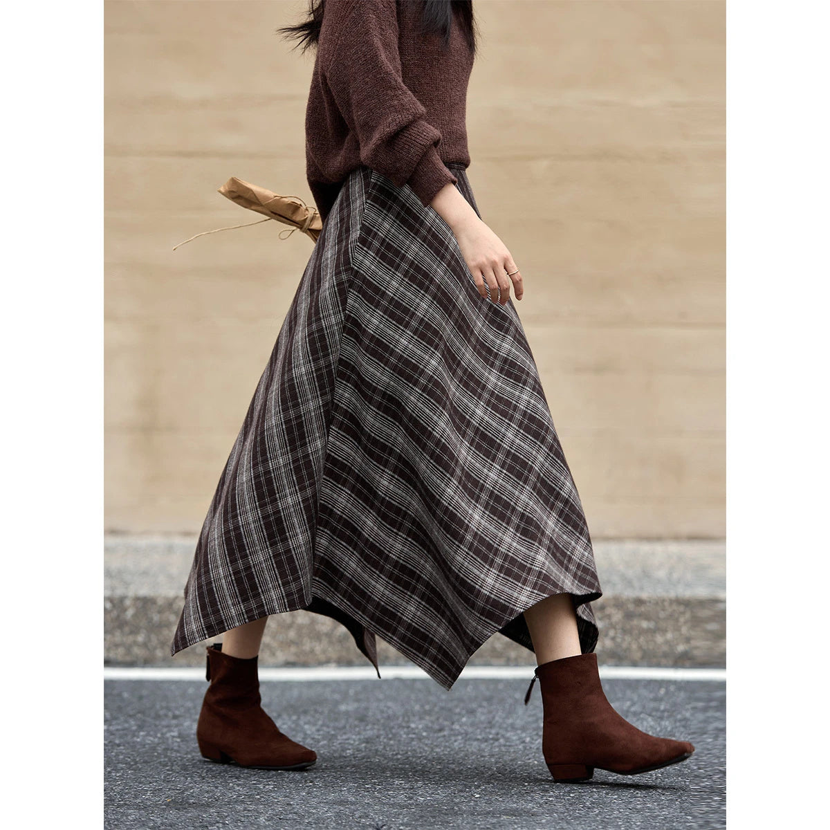 Handkerchief-Hem Plaid Midi Skirt