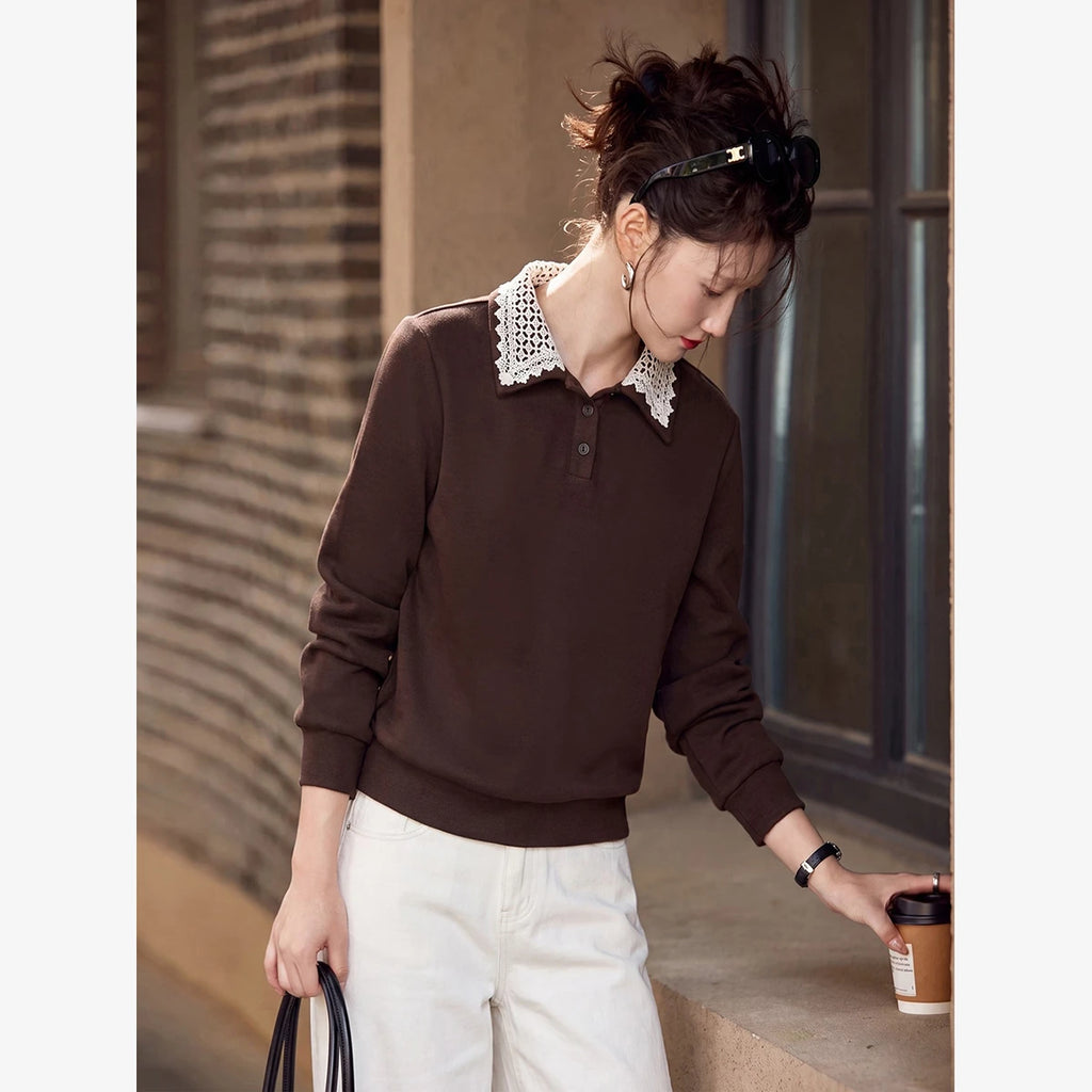 Lace-Collar Long-Sleeve Polo Sweatshirt