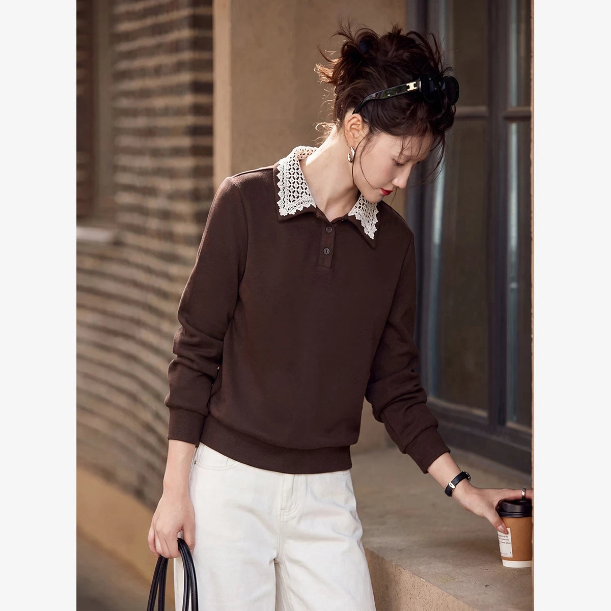 Lace-Collar Long-Sleeve Polo Sweatshirt