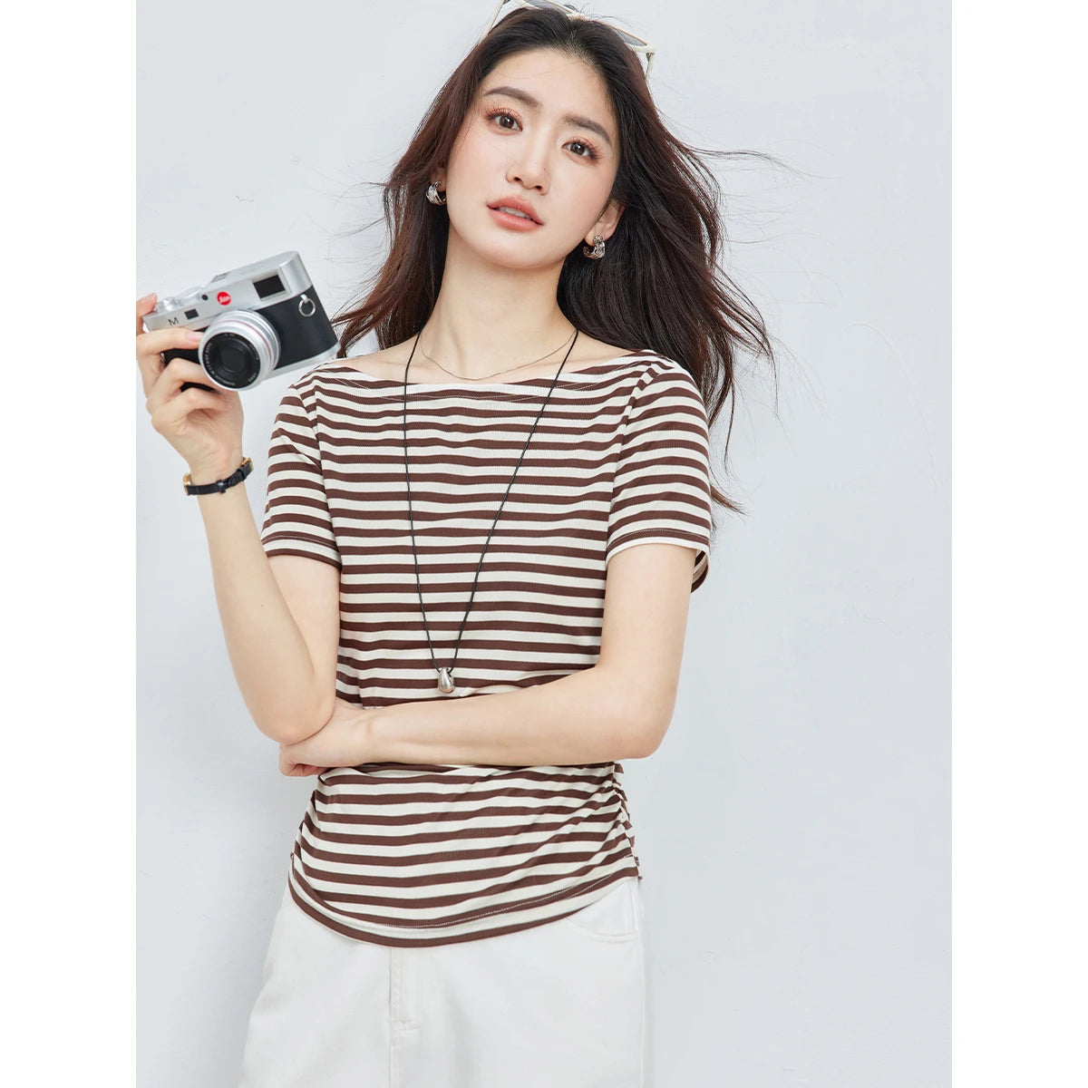 Striped Ruched Short-Sleeve Top