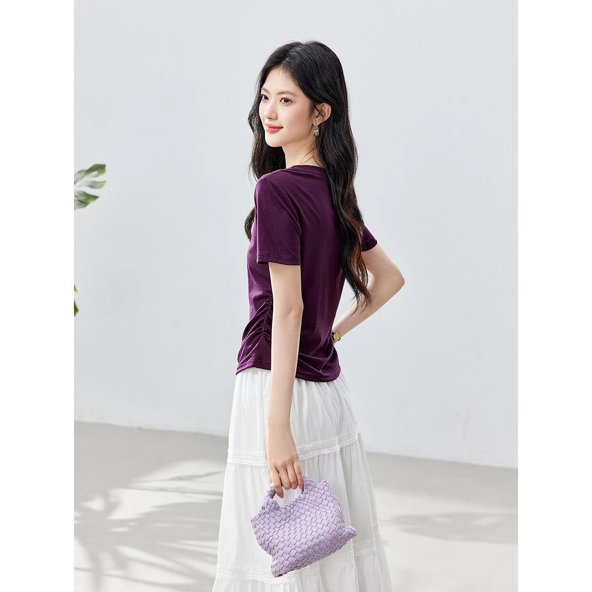Ruched-Waist Crew-Neck Tee