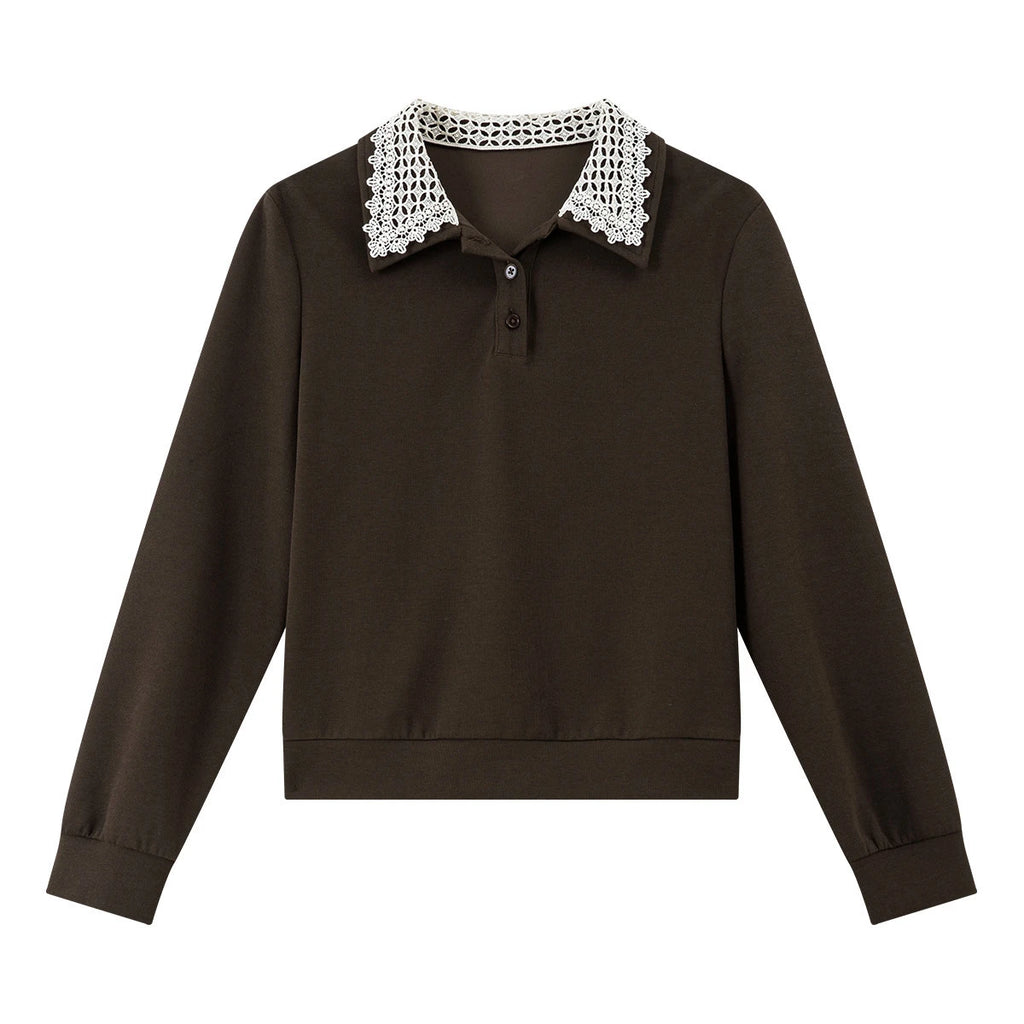 Lace-Collar Long-Sleeve Polo Sweatshirt
