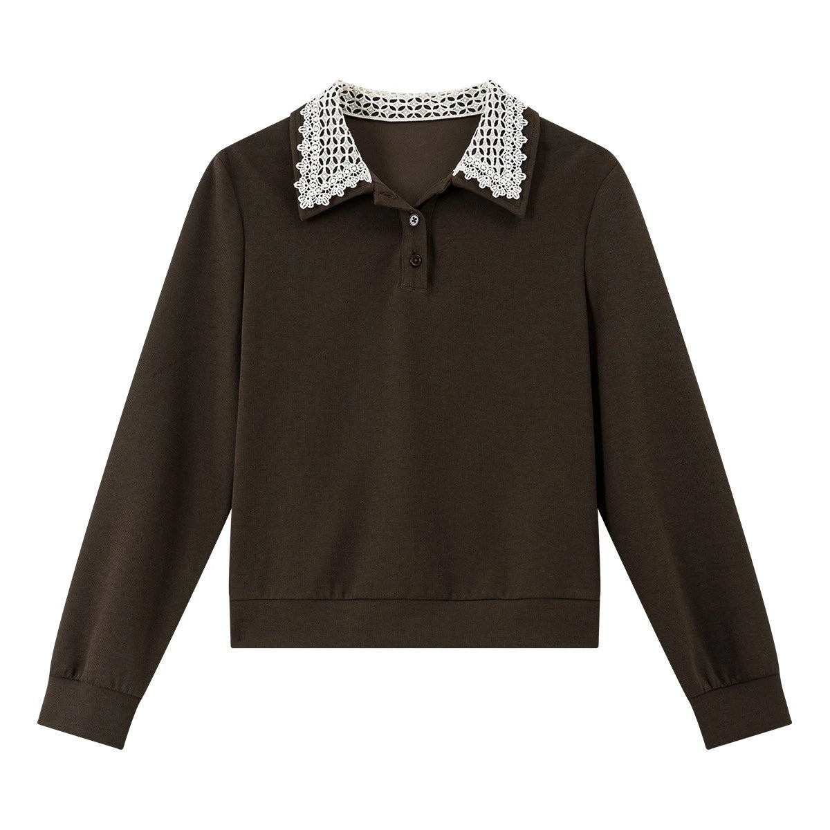 Lace-Collar Long-Sleeve Polo Sweatshirt