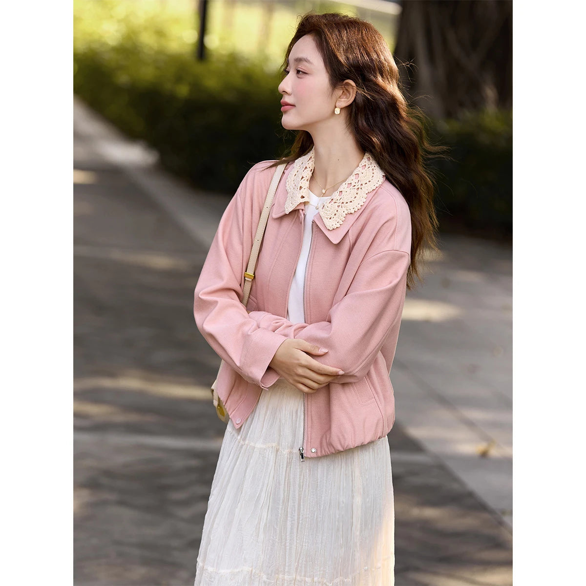 Lace-Collar Zip-Front Cropped Jacket