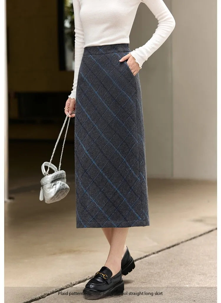 Windowpane Plaid Midi Skirt