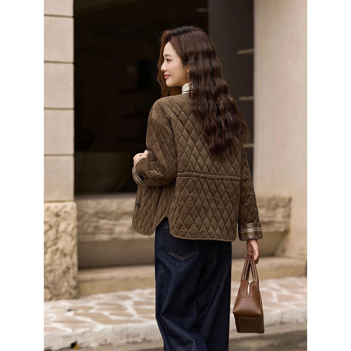 Plaid-Cuff Quilted Collarless Jacket