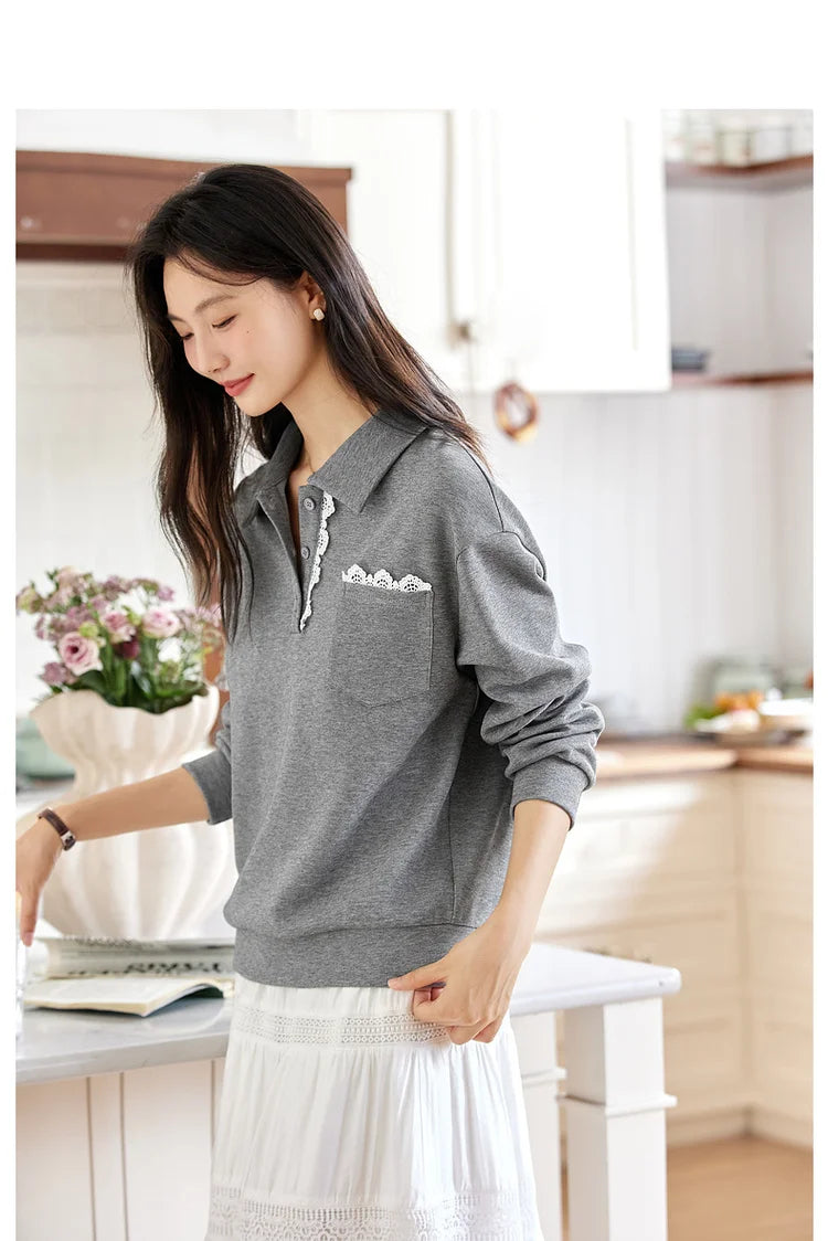 Lace-Collar Polo Sweatshirt