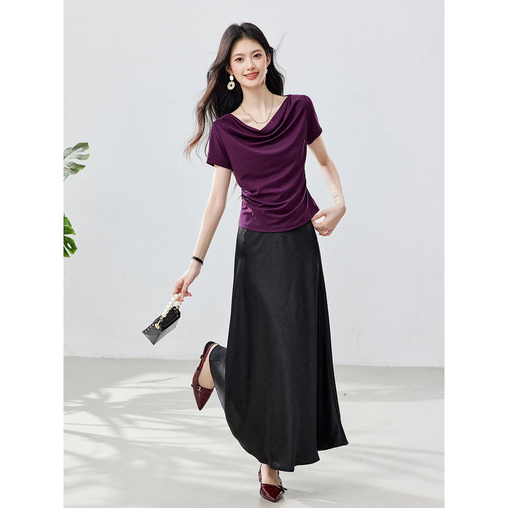 Draped Cowl-Neck Short-Sleeve Top