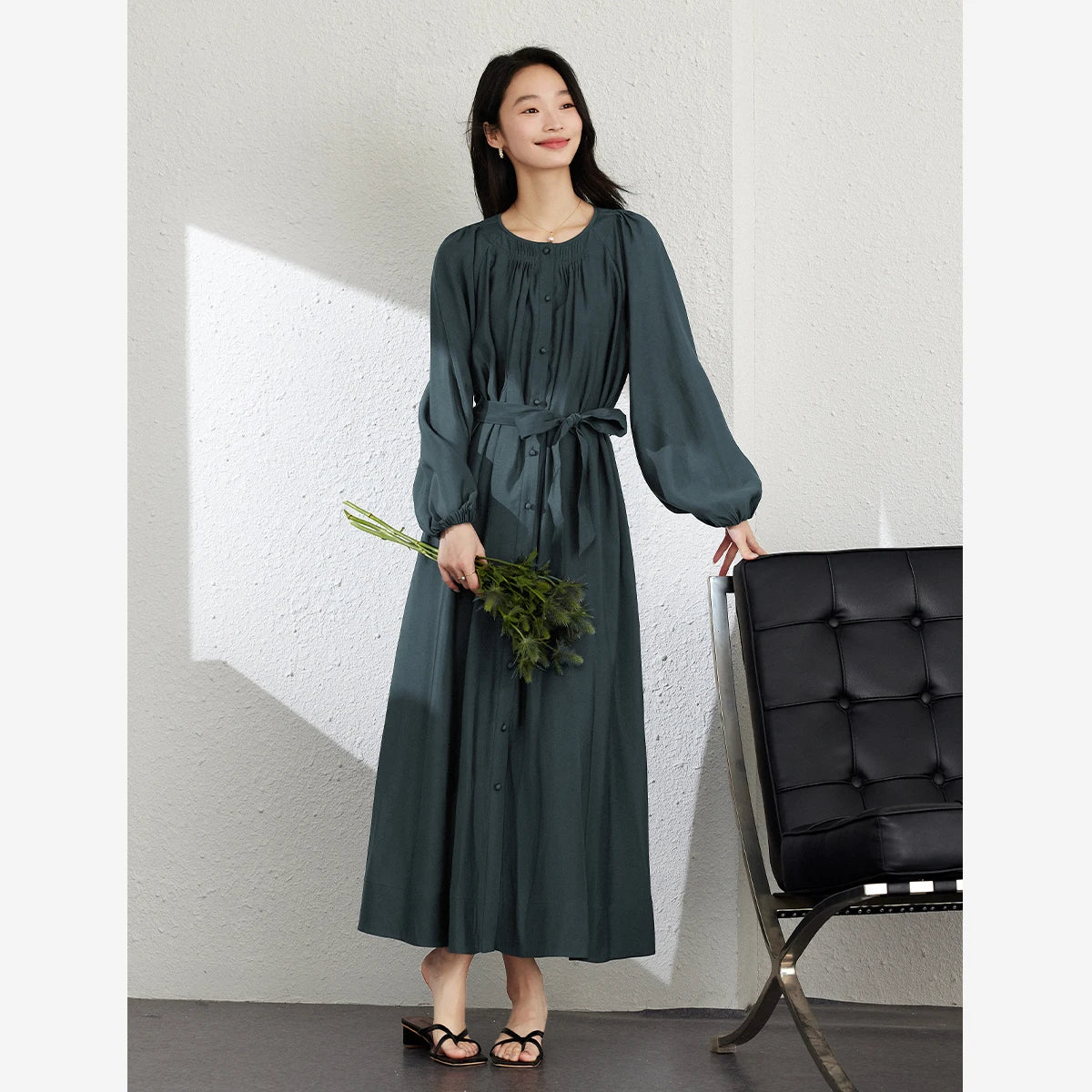 Lace-Up Balloon-Sleeve Midi Dress