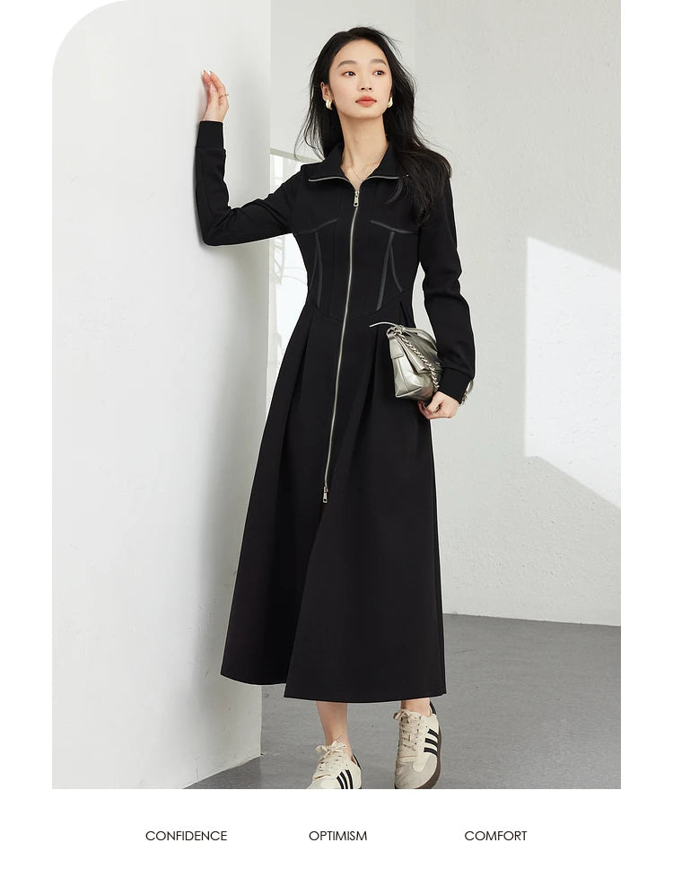Contrast-Piping Zip-Front Midi Dress