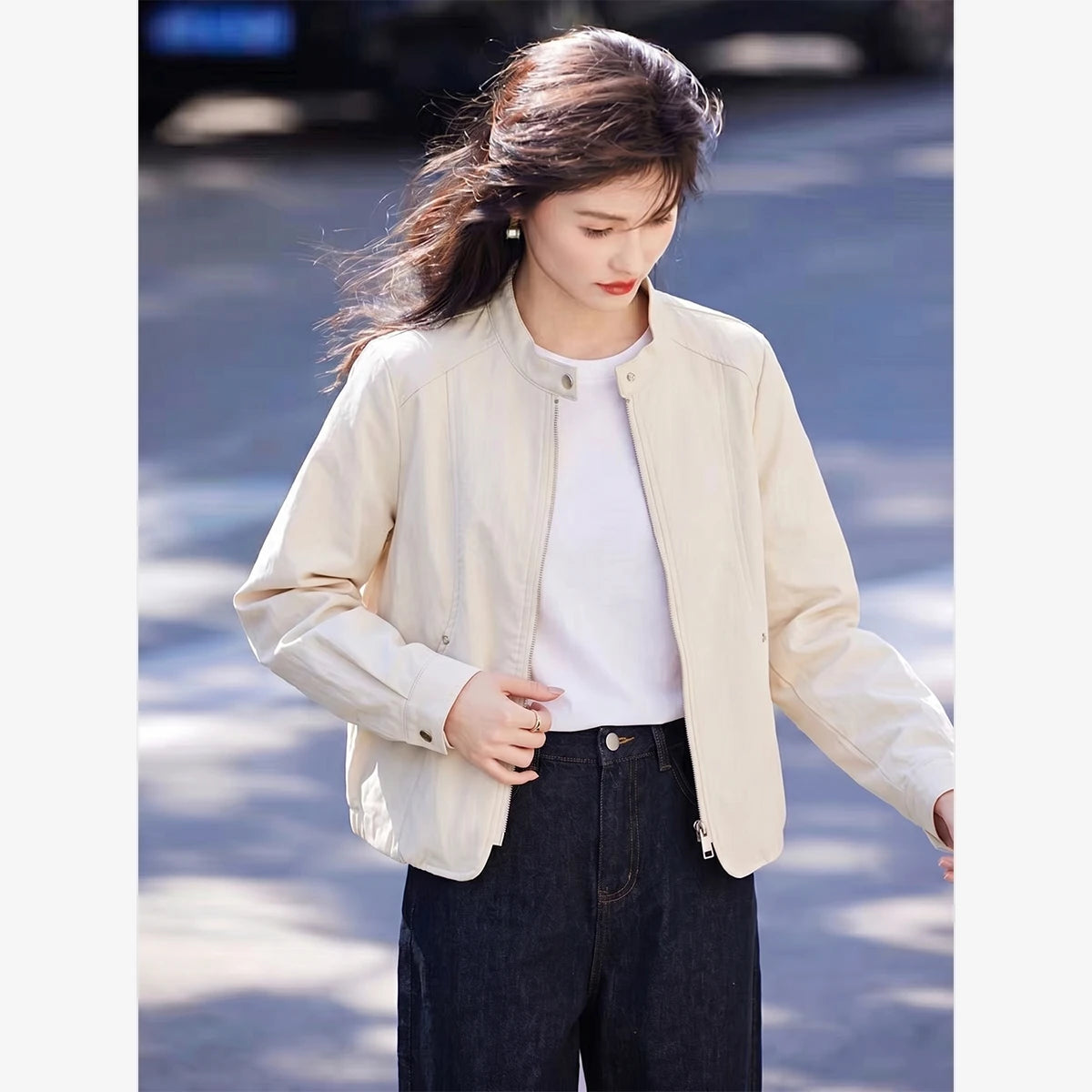 Zip-Front Cropped Collarless Jacket