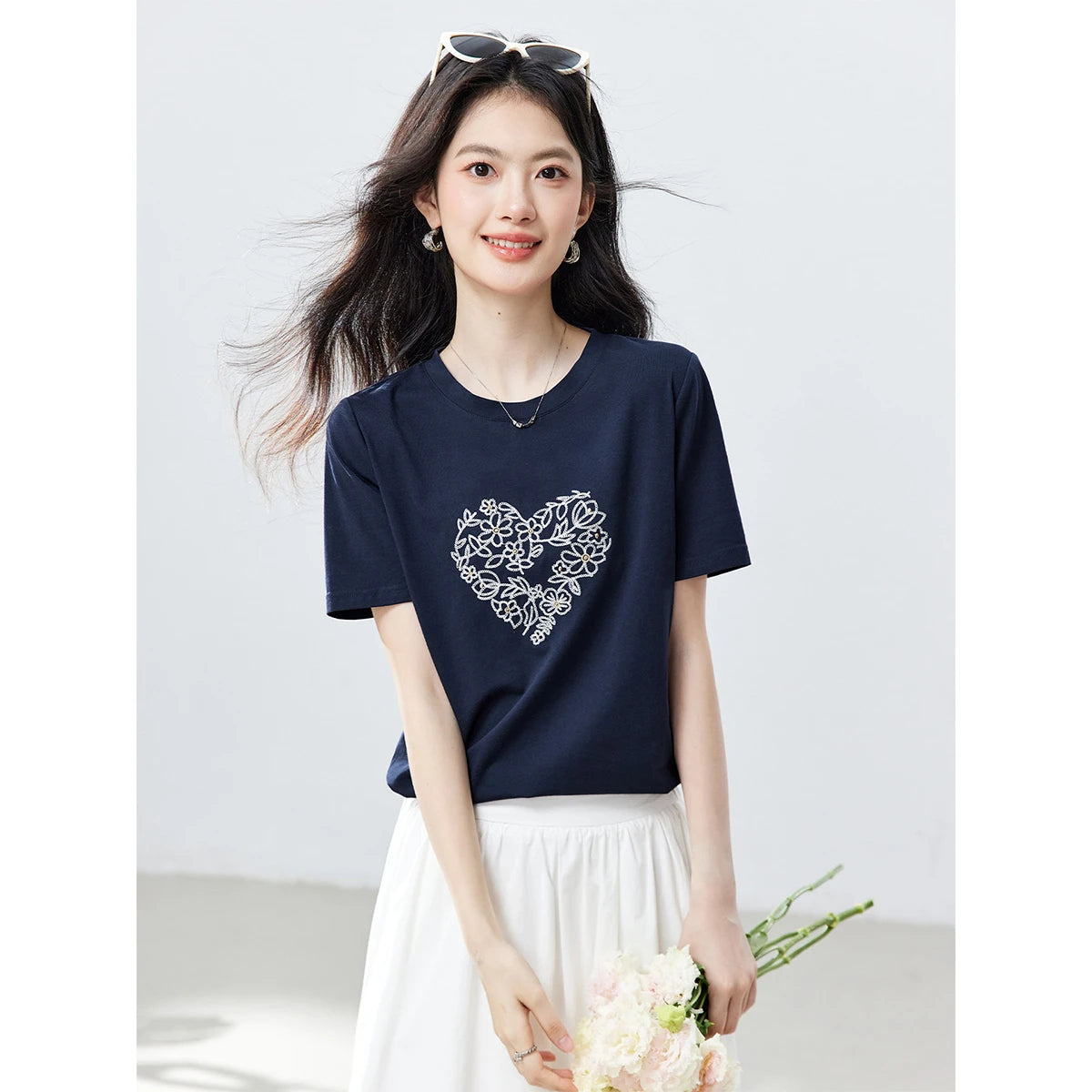 Floral Heart-Embroidered Crew-Neck Tee