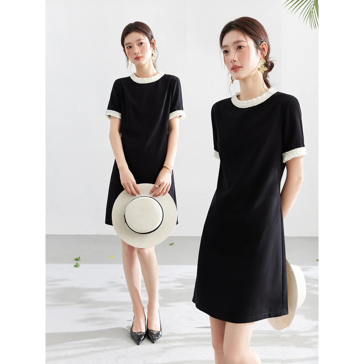 Contrast-Trim Short-Sleeve Mini Dress