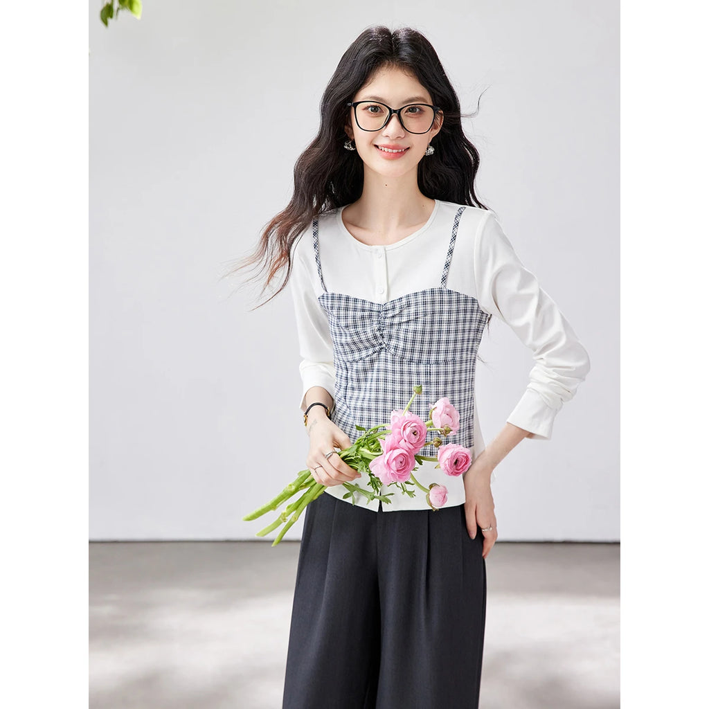 Layered Plaid Bustier Long-Sleeve Top
