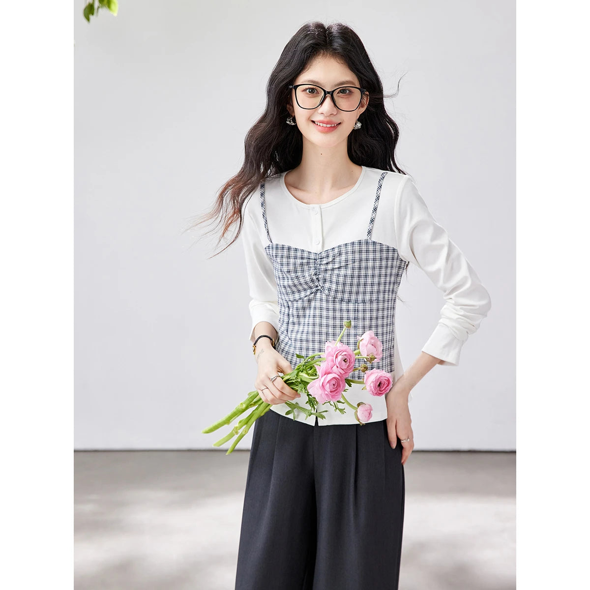 Layered Plaid Bustier Long-Sleeve Top