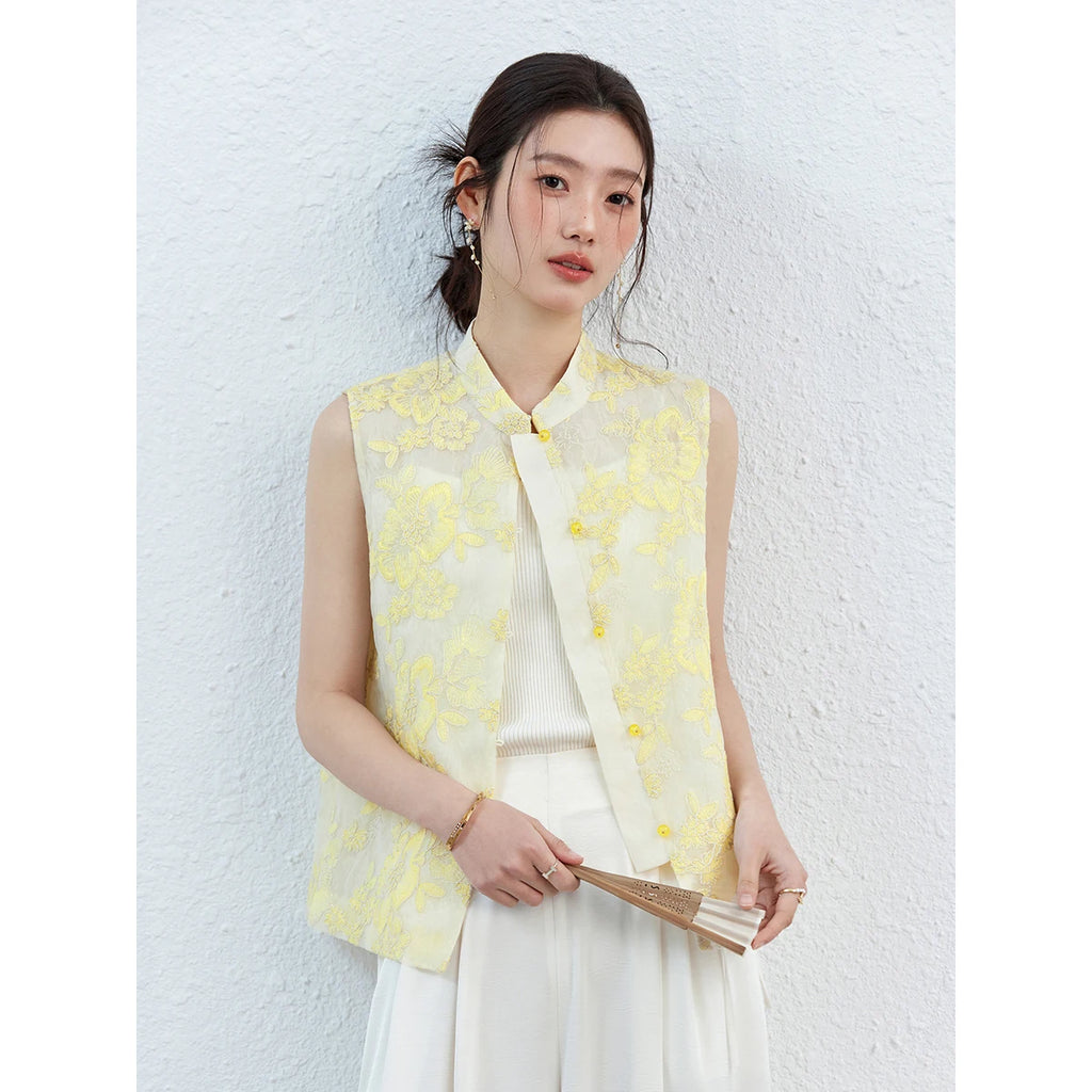 Floral Jacquard Frog-Button Vest