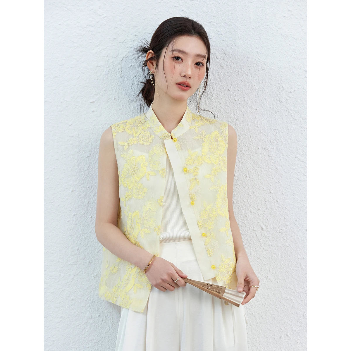 Floral Jacquard Frog-Button Vest