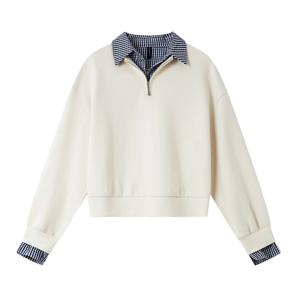 Plaid-Trim Half-Zip Sweatshirt