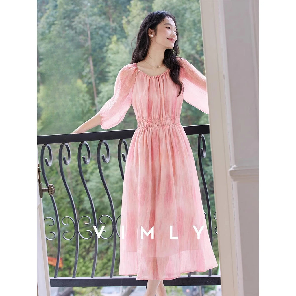 Smudged-Print Puff-Sleeve Midi Dress