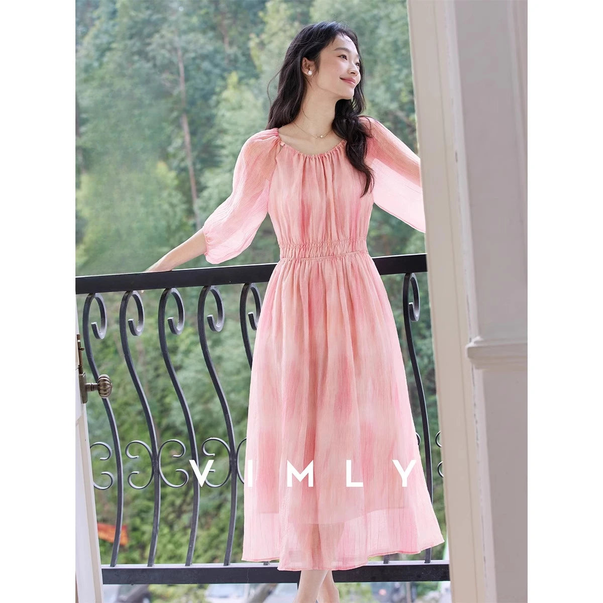 Smudged-Print Puff-Sleeve Midi Dress