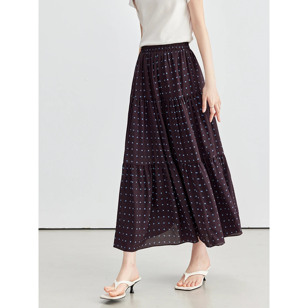Polka-Dot Tiered Midi Skirt