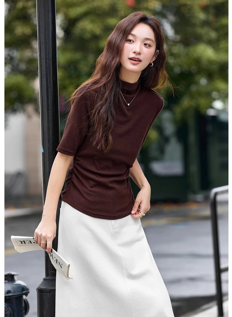 Ruched Mock-Neck Short-Sleeve Top