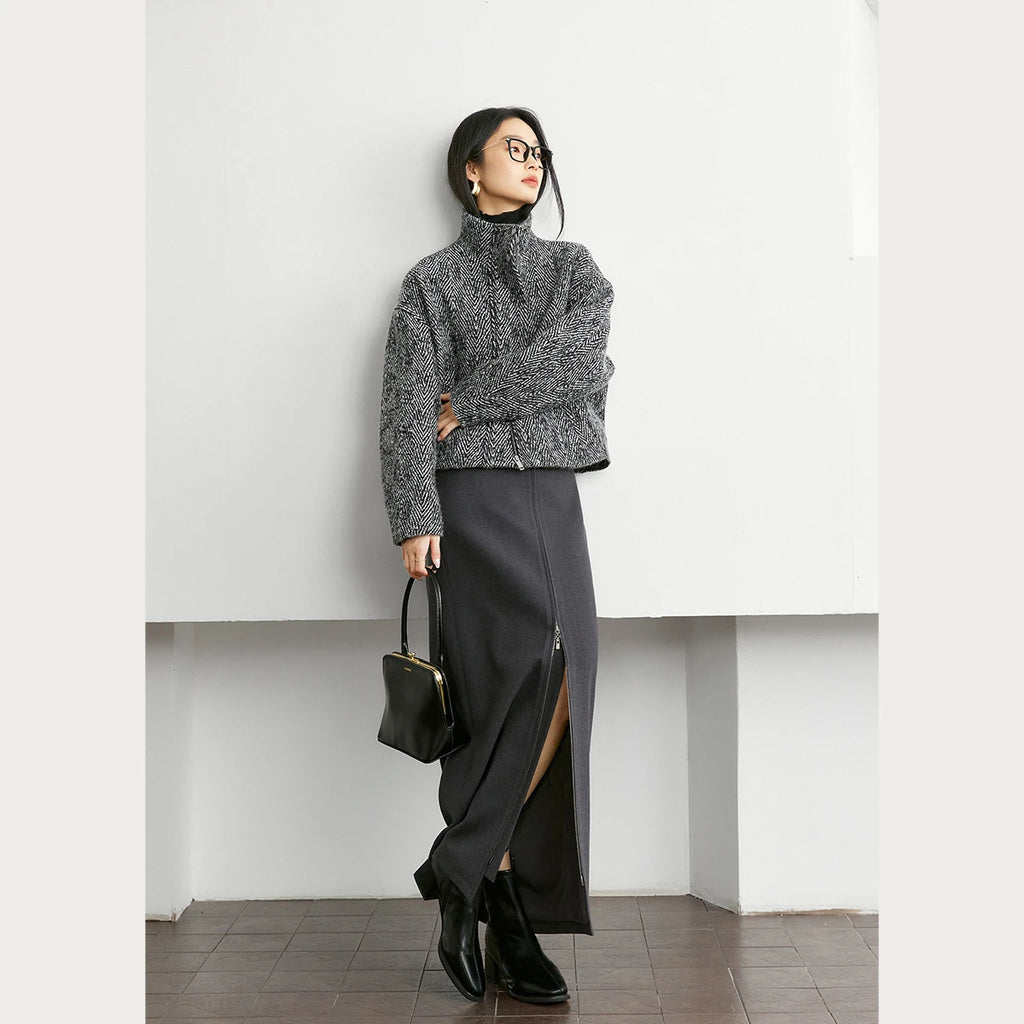 Herringbone Stand-Collar Cropped Jacket