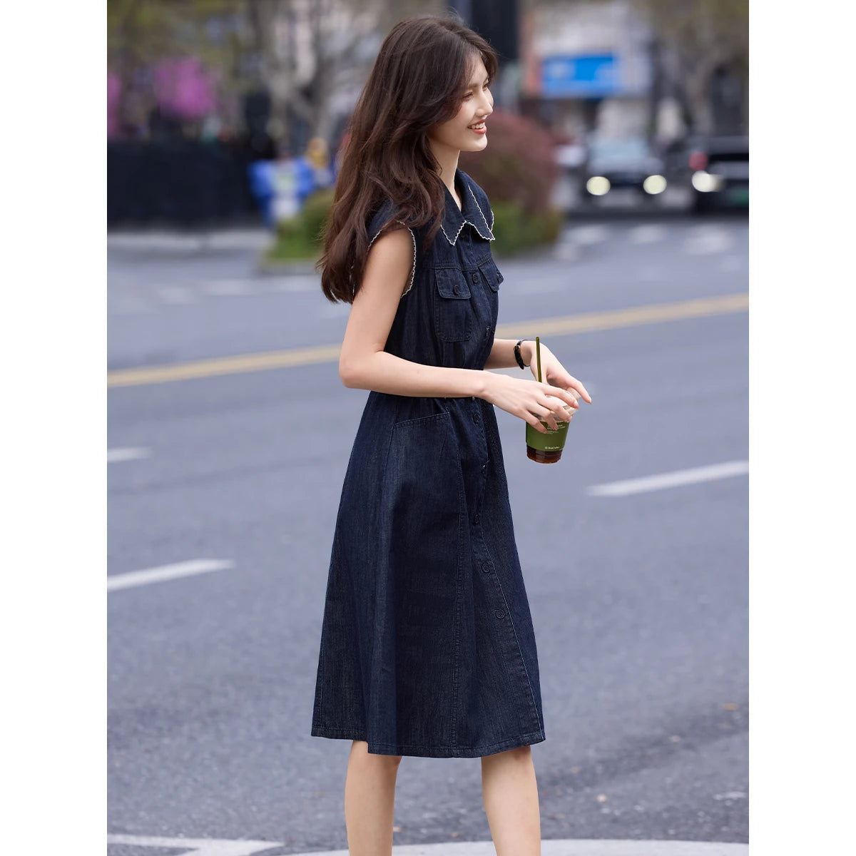 Sleeveless Belted Denim Shirt Dress