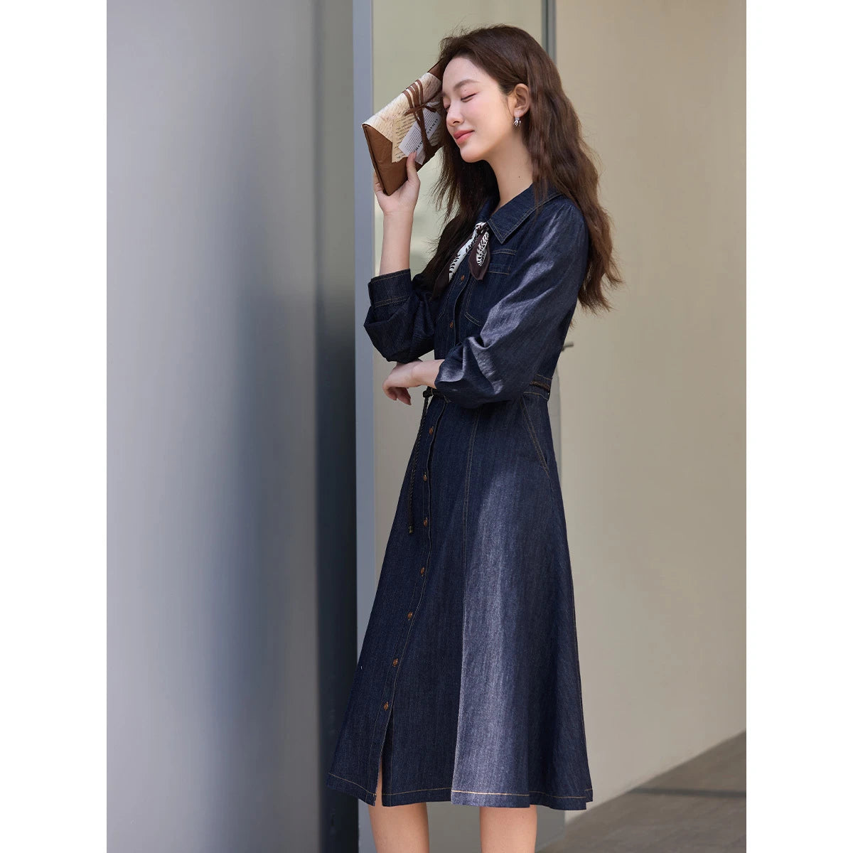 Belted Button-Front Denim Midi Dress
