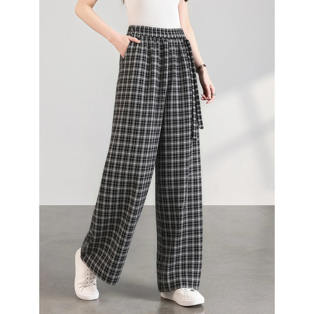 Small-Check Wide-Leg Trousers