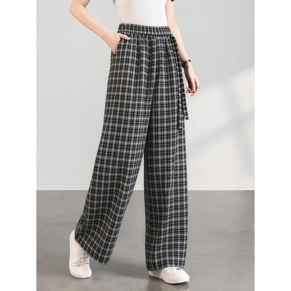 Small-Check Wide-Leg Trousers