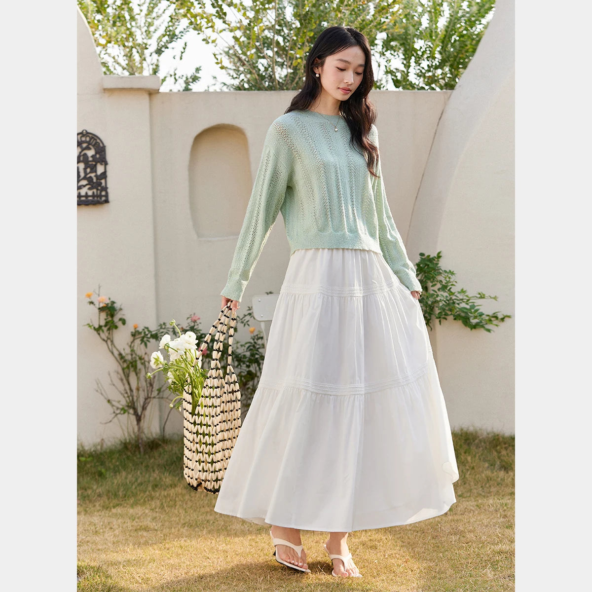 Tiered A-Line Midi Skirt
