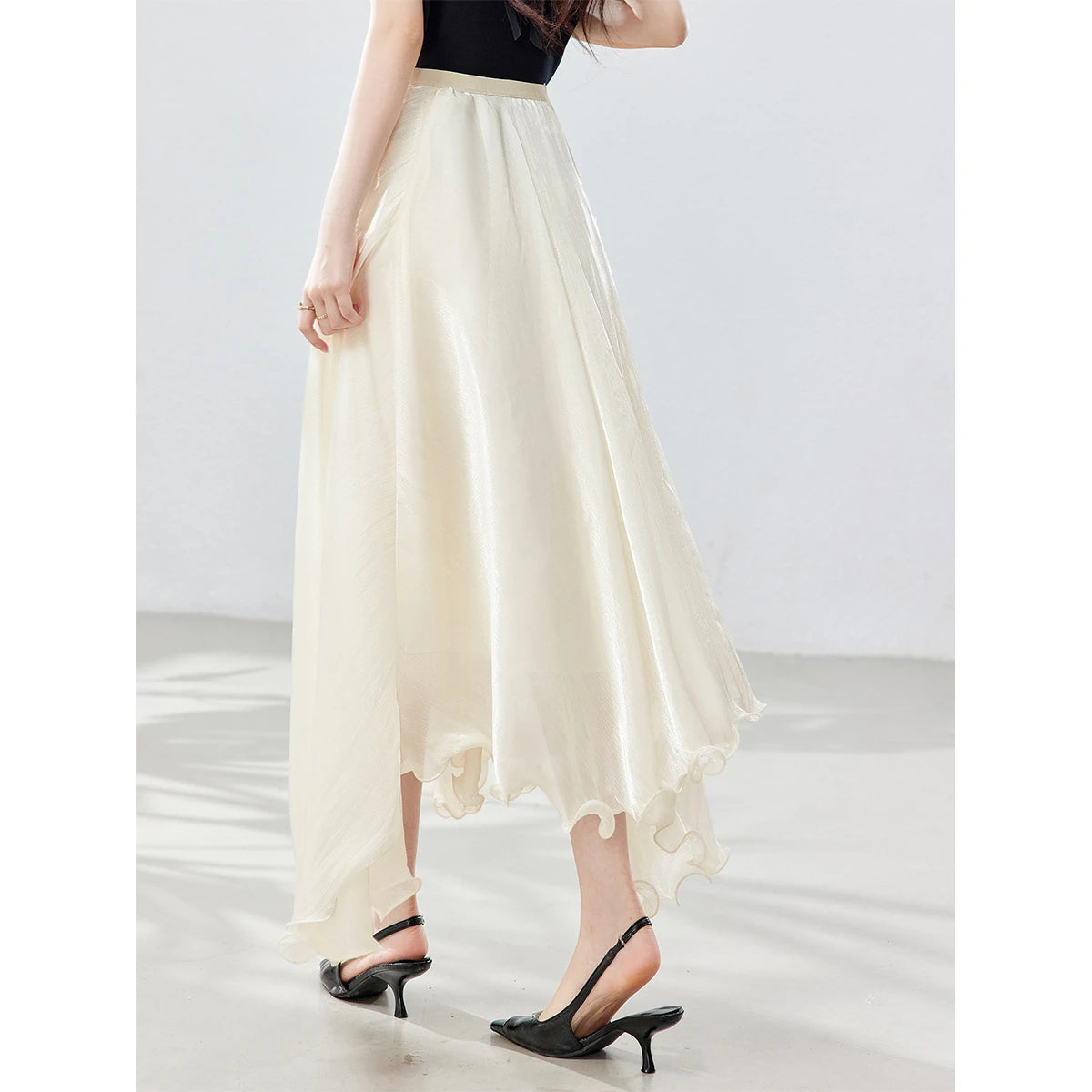 Asymmetric Ruffle-Hem Midi Skirt