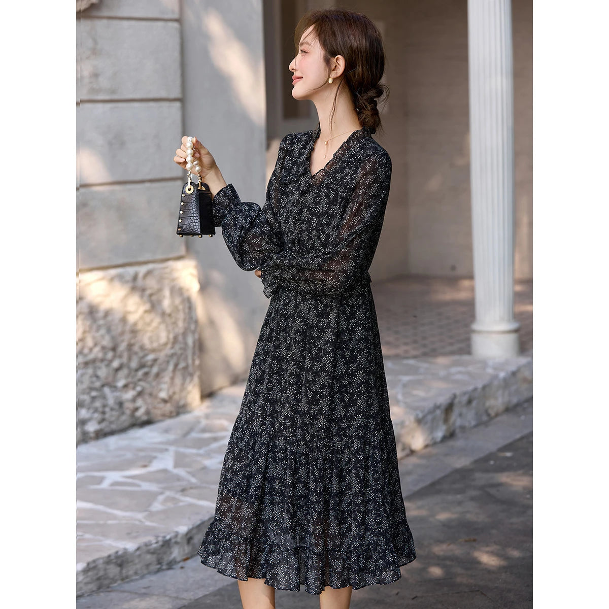 Floral Ruffle-Hem Midi Dress