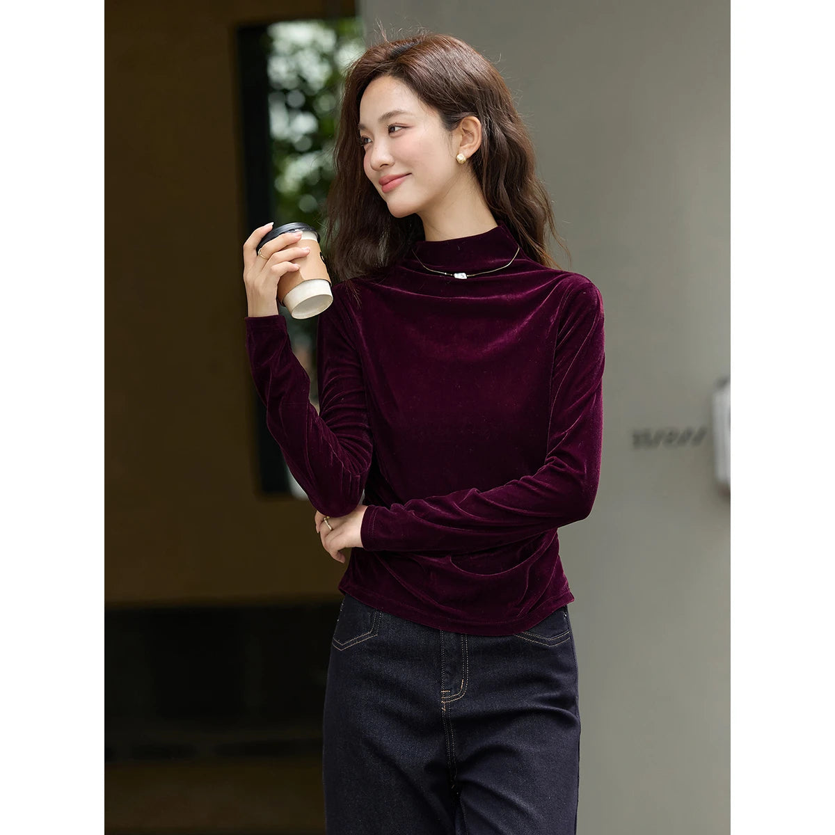 Velvet Ruched Mock-Neck Top