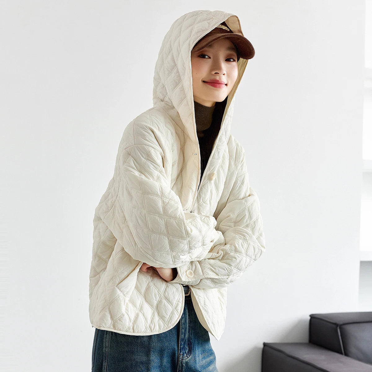 Quilted Hooded Button-Front Jacket