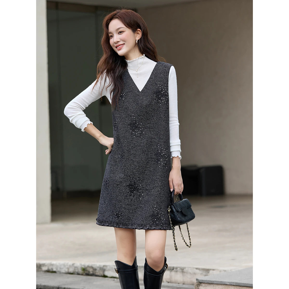 V-Neck Embellished Sleeveless Mini Dress