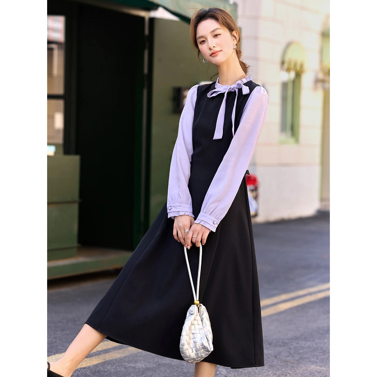 Bow-Collar Layered Midi Dress