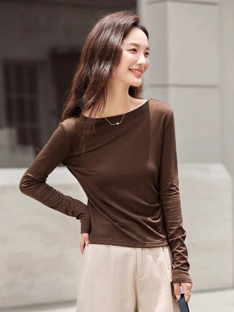 Boat-Neck Ruched Long-Sleeve Top