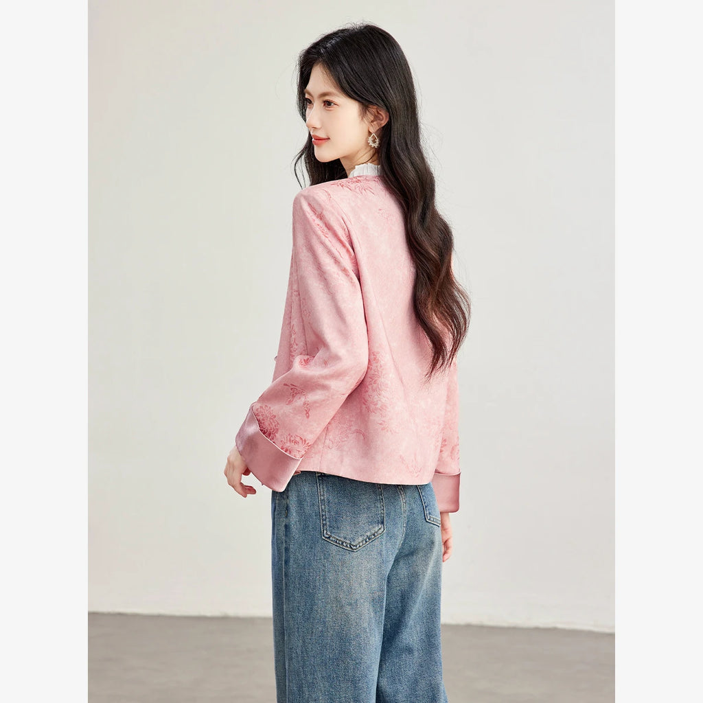 Jacquard-Trim Collarless Jacket