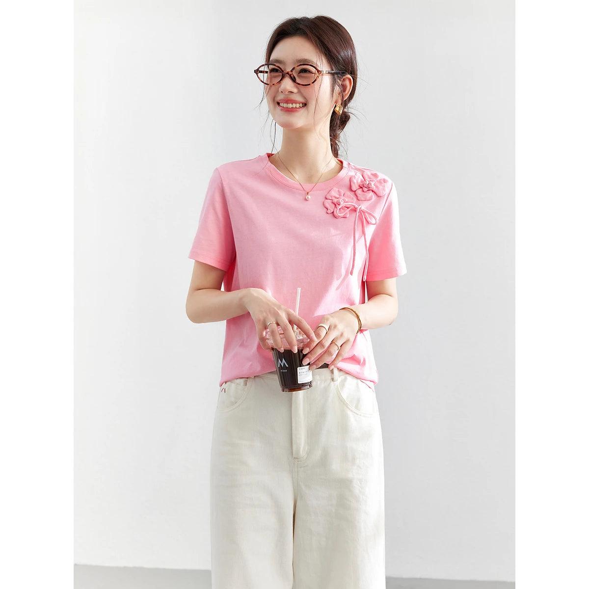 Floral Applique Tie-Detail Tee
